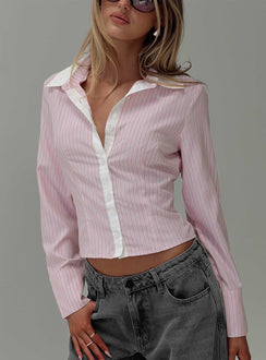 front view of model wearing Princess Polly Lyndel Long Sleeve Top Pink Stripe Full Sleeves V-Neck 