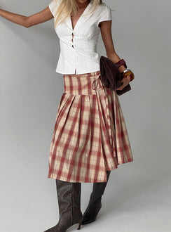   front view of model wearing Princess Polly Norie Wrap Pleat Midi Skirt Red Plaid Midi Skirts 