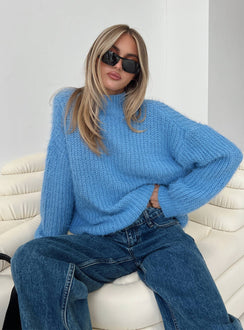 front view of model wearing Princess Polly Gavelston Crew Neck Waffle Sweater Blue Long 