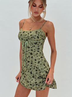 back view of model wearing Princess Polly Valencia Mini Dress Sage Floral Scoop Neck 