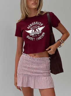   front view of model wearing Princess Polly Real Love Baby Shirred Mini Skirt Red White Check Mini Skirts 