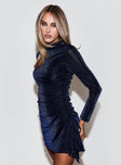 back view of model wearing Princess Polly Souza Long Sleeve Mini Dress Navy High Neck 