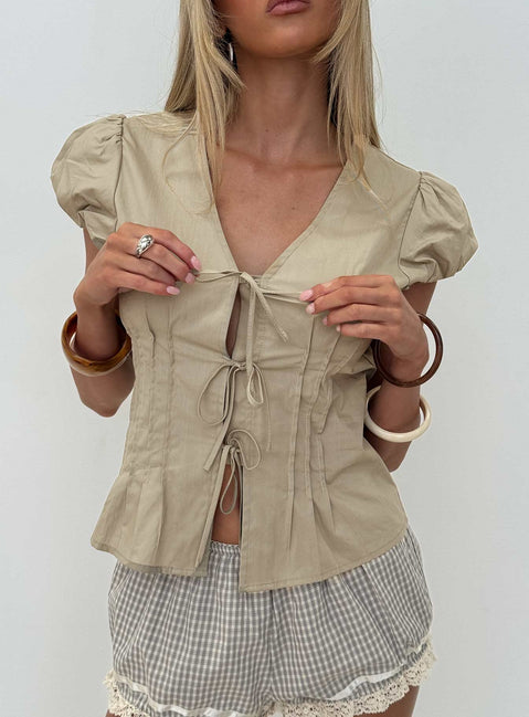 Elenna Tie Detail Blouse Top Beige