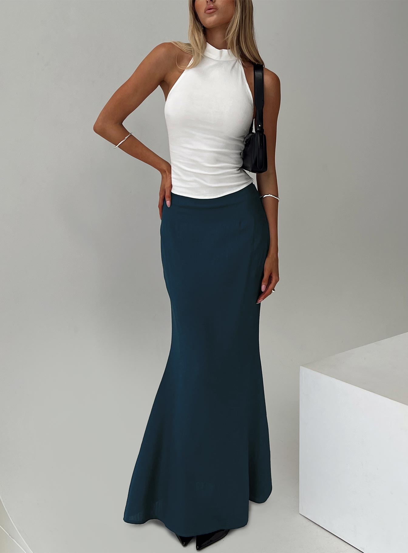   front view of model wearing Princess Polly Sophia Maxi Skirt Navy Maxi 