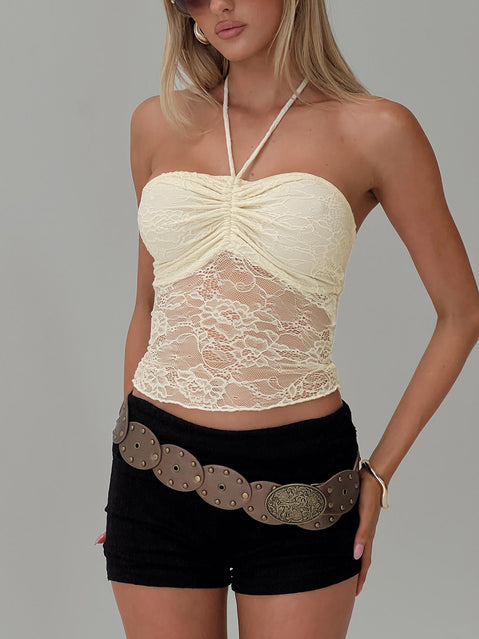 back view of model wearing Princess Polly Luciella Lace Top Cream Sleeveless Sweetheart 