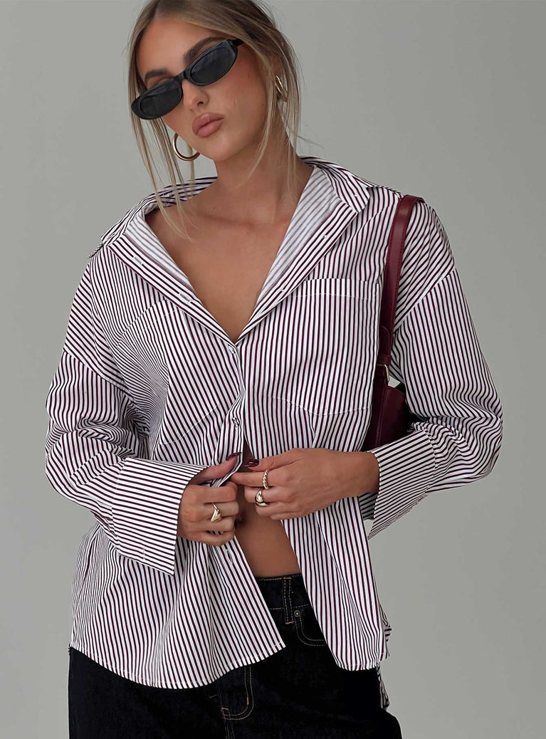 front view of model wearing Princess Polly Takes You Far Shirt Burgundy Stripe Full Sleeves V-Neck 