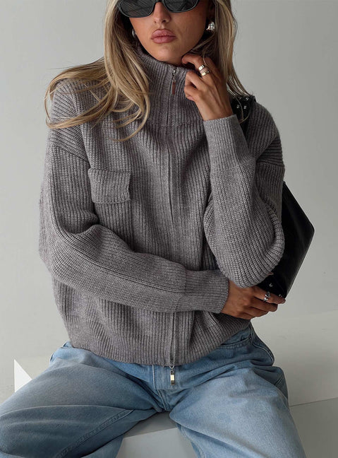 front view of model wearing Princess Polly Too Busy Zip Up Sweater Grey Cropped 