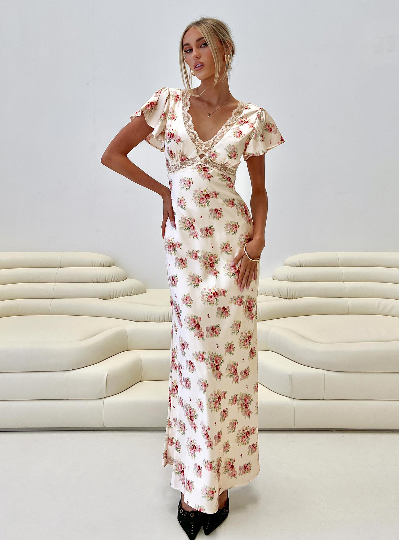 front view of model wearing Princess Polly Miraselle Maxi Dress Cream Floral V-Neck 