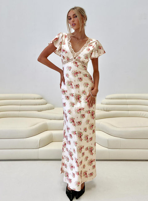 front view of model wearing Princess Polly Miraselle Maxi Dress Cream Floral V-Neck 