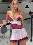 front view of model wearing Princess Polly Love Is Alive Lace Mini Dress Lilac Plunger 