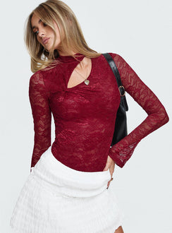 side view of model wearing Princess Polly Twisted Humour Long Sleeve Lace Bodysuit Burgundy Long Sleeve Tops 