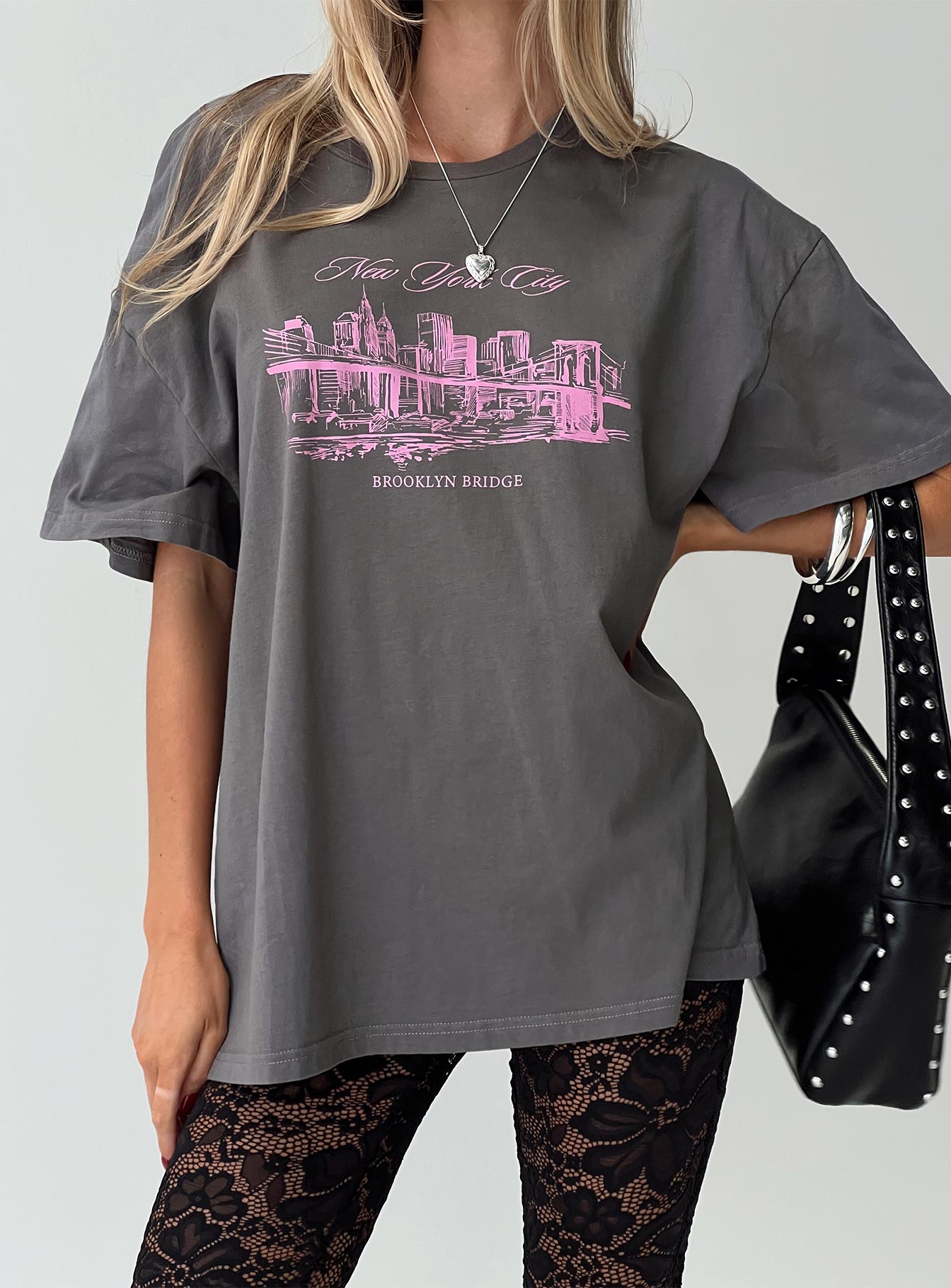 front view of model wearing Princess Polly Brooklyn Bridge Tee Black Half Sleeves Crew Neck 