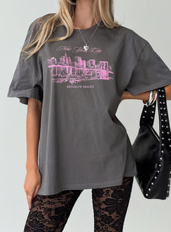 front view of model wearing Princess Polly Brooklyn Bridge Tee Black Half Sleeves Crew Neck 