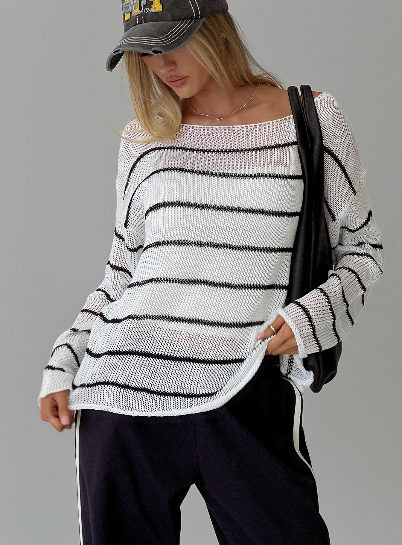 front view of model wearing Princess Polly Alperton Knit Sweater Cream Stripe Long 