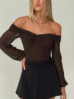 front view of model wearing Princess Polly Babette Off The Shoulder Bodysuit Brown Long Sleeve Tops 
