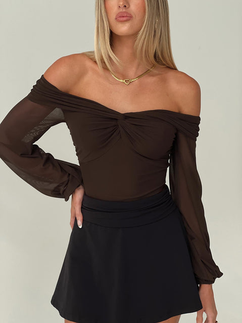 front view of model wearing Princess Polly Babette Off The Shoulder Bodysuit Brown Long Sleeve Tops 