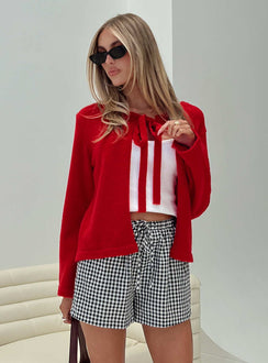 back view of model wearing Princess Polly Norine Tie Up Knit Sweater Red Cropped 