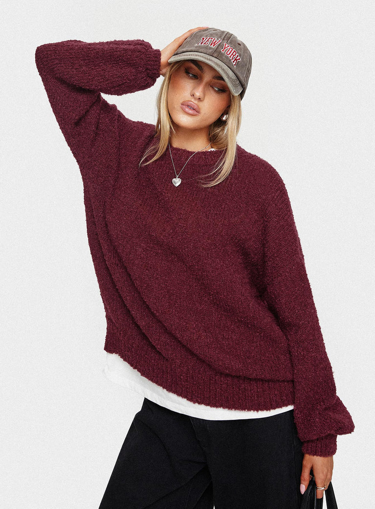 side view of model wearing Princess Polly Niomie Knit Sweater Burgundy Long 