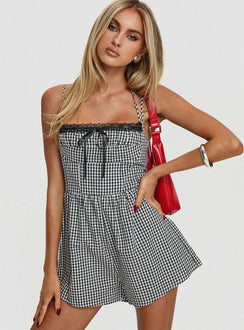 Romper Gingham print, adjustable straps,  lace trim detail, invisible zip fastening Non-stretch material, fully lined 