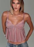 front view of model wearing Princess Polly Corella Top Mauve Sleeveless Plunger 