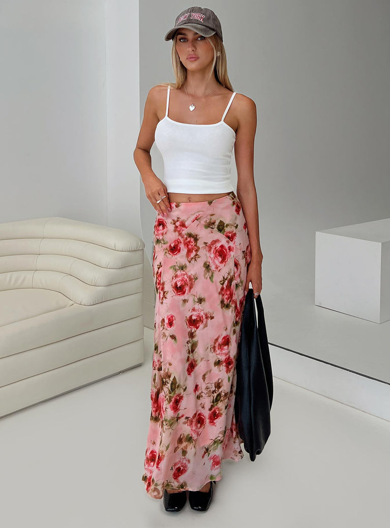   front view of model wearing Princess Polly Vespera Maxi Skirt Pink Maxi 