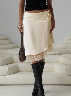 back view of model wearing Princess Polly Rosemead Satin Midi Skirt Cream Midi Skirts 