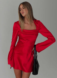 side view of model wearing Princess Polly Phillipa Long Sleeve Mini Dress Red Square Neck 