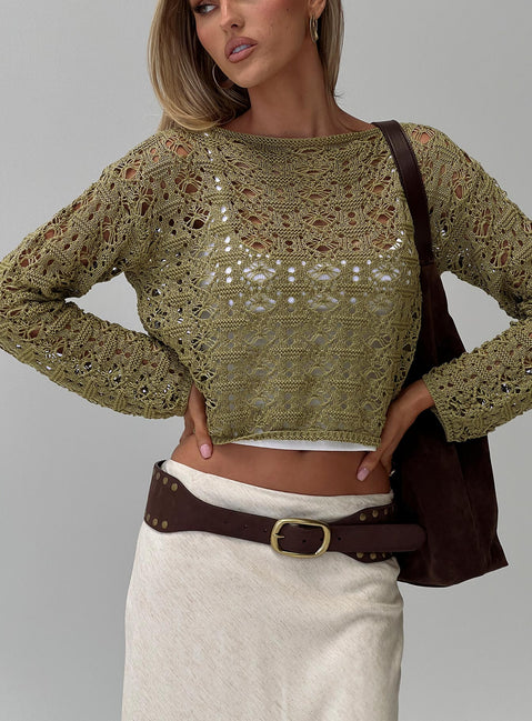 side view of model wearing Princess Polly Birdena Sweater Green Cropped 