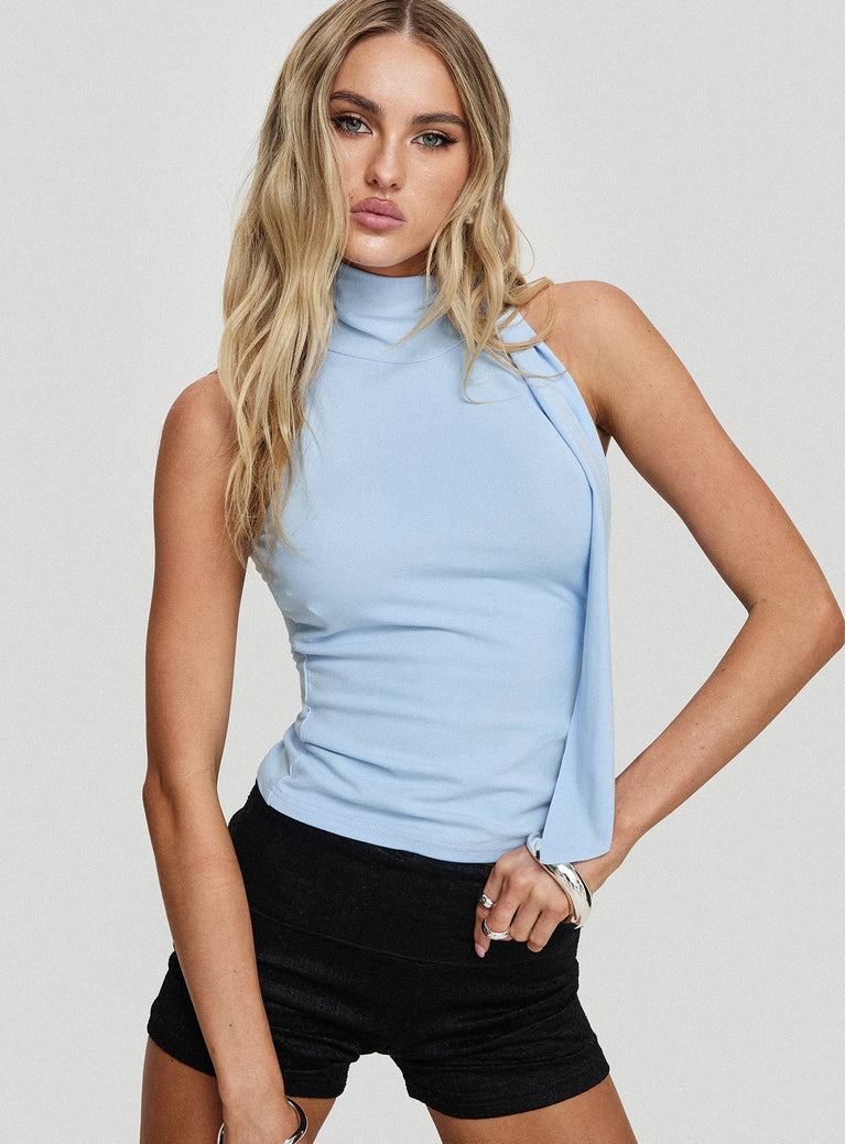 front view of model wearing Princess Polly Mathias Top Blue Sleeveless High Neck 