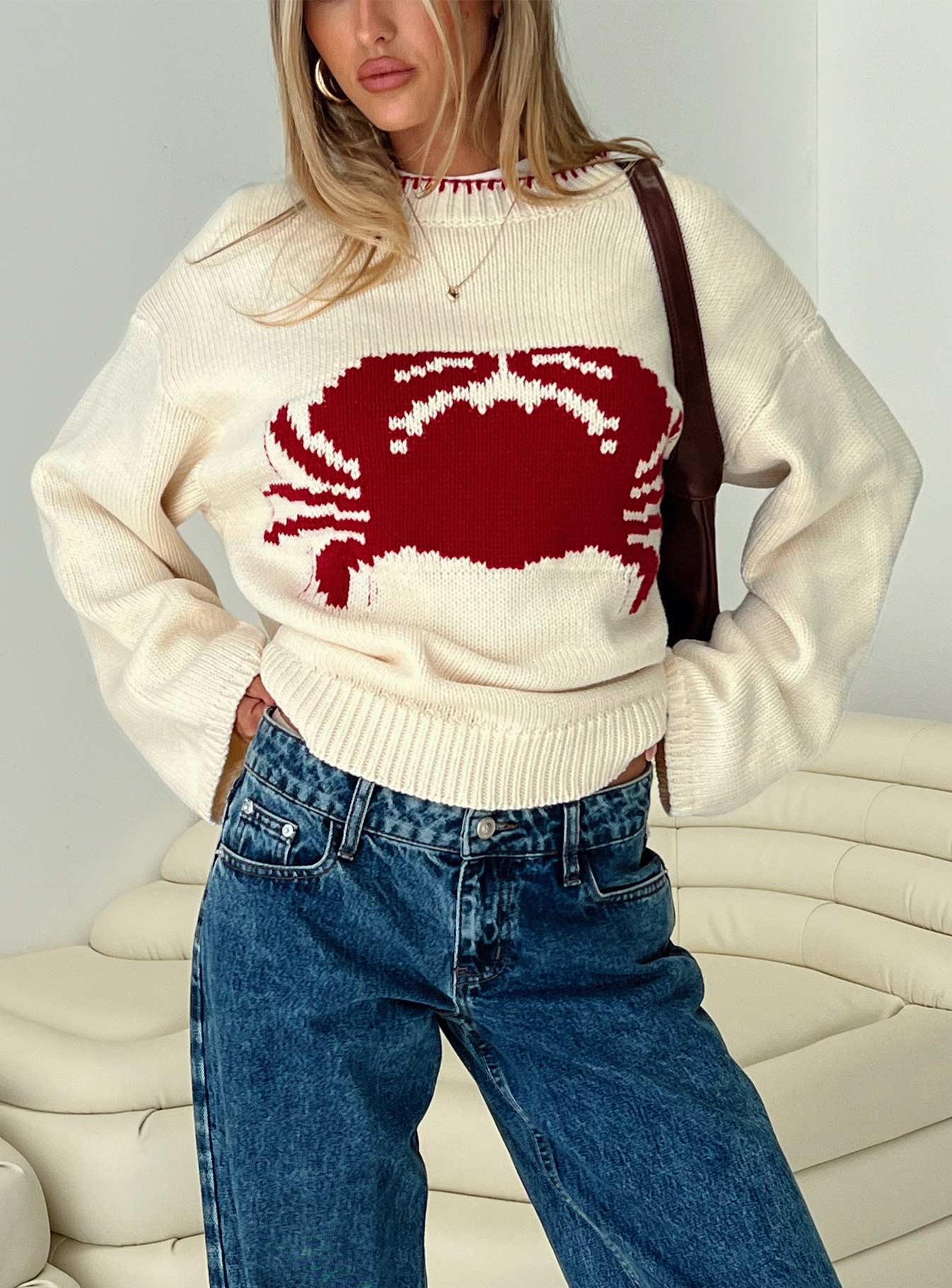 front view of model wearing Princess Polly Coastlines Knit Sweater Cream / Red Long 