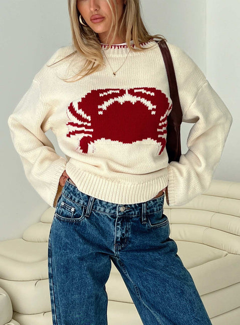 front view of model wearing Princess Polly Coastlines Knit Sweater Cream / Red Long 