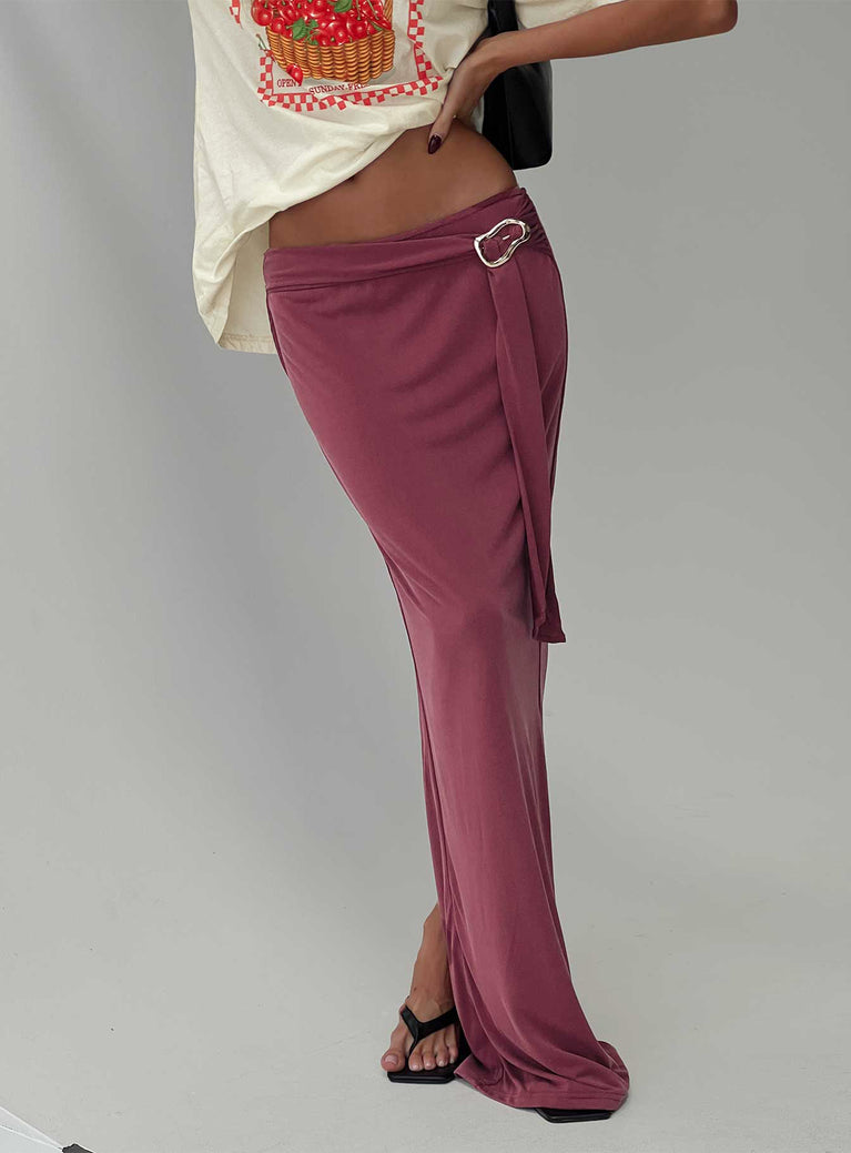   side view of model wearing Princess Polly Tamera Maxi Skirt Burgundy Maxi 