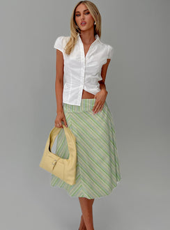   side view of model wearing Princess Polly Vettie Midi Skirt Green Multi Midi Skirts 