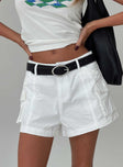 back view of model wearing Princess Polly Colonel Cargo Mini Short White High Waisted Shorts 