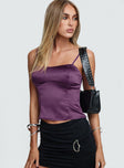 front view of model wearing Princess Polly Marcelline Satin Top Plum Sleeveless Square Neck 