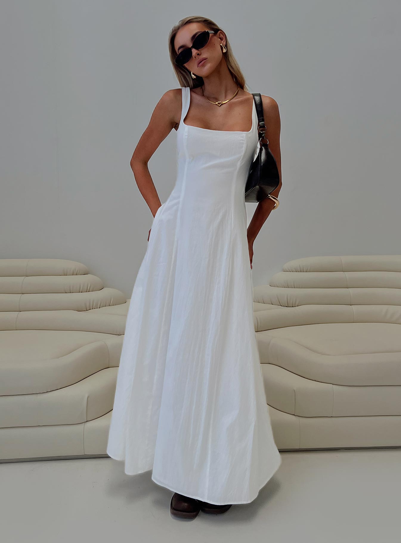 front view of model wearing Princess Polly You Can Maxi Dress White Petite Square Neck 