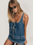 side view of model wearing Princess Polly Stefenie Denim Tie Top Mid Wash Sleeveless Square Neck 