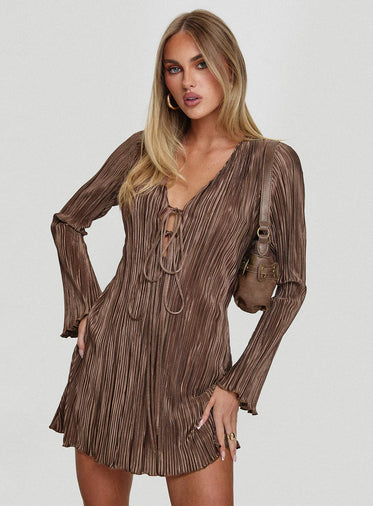 princess polly brown long sleeve dress Lukea Long Sleeve Mini Dress | Brown | Womens