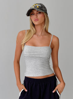 front view of model wearing Princess Polly Race My Mind Top Grey Marle Sleeveless Square Neck 