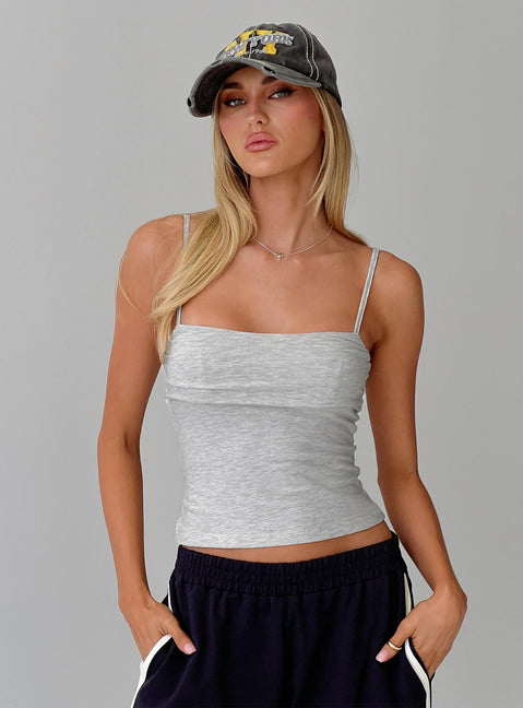 front view of model wearing Princess Polly Race My Mind Top Grey Marle Sleeveless Square Neck 