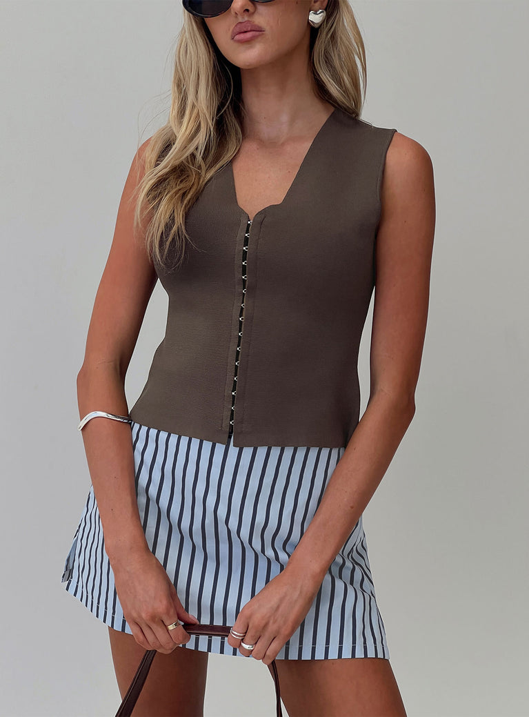 front view of model wearing Princess Polly Vega Top Brown Sleeveless V-Neck 