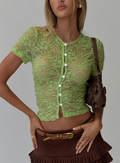 front view of model wearing Princess Polly Lindy Button Up Sheer Top Green Short Sleeves Crew Neck 