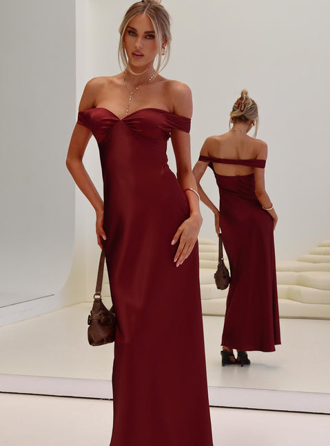 front view of model wearing Princess Polly Heartthrobs Off The Shoulder Maxi Dress Red Sweetheart Neckline 