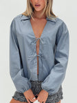 front view of model wearing Princess Polly Rinon Long Sleeve Top Steel Full Sleeves V-Neck 