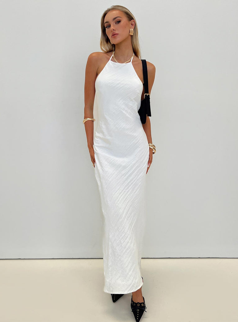 side view of model wearing Princess Polly Just Peachy Maxi Dress White Crew Neck 