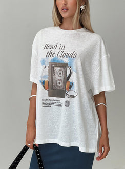 front view of model wearing Princess Polly Cloud Cassette Oversized Tee White Full Sleeves High Neck 