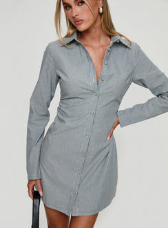front view of model wearing Princess Polly Publicity Long Sleeve Mini Dress Blue Pinstripe V-Neck 