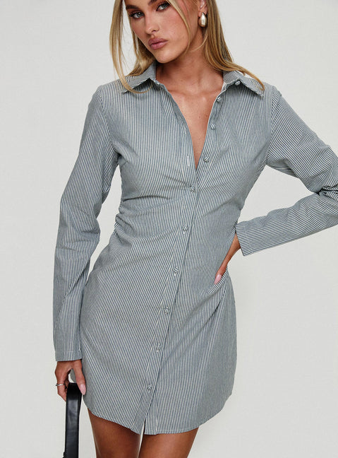 front view of model wearing Princess Polly Publicity Long Sleeve Mini Dress Blue Pinstripe V-Neck 