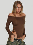 side view of model wearing Princess Polly Endellion Off Shoulder Long Sleeve Top Chocolate Full Sleeves straight 