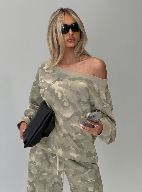 front view of model wearing Princess Polly Wellness Off The Shoulder Jumper Washed Camo 